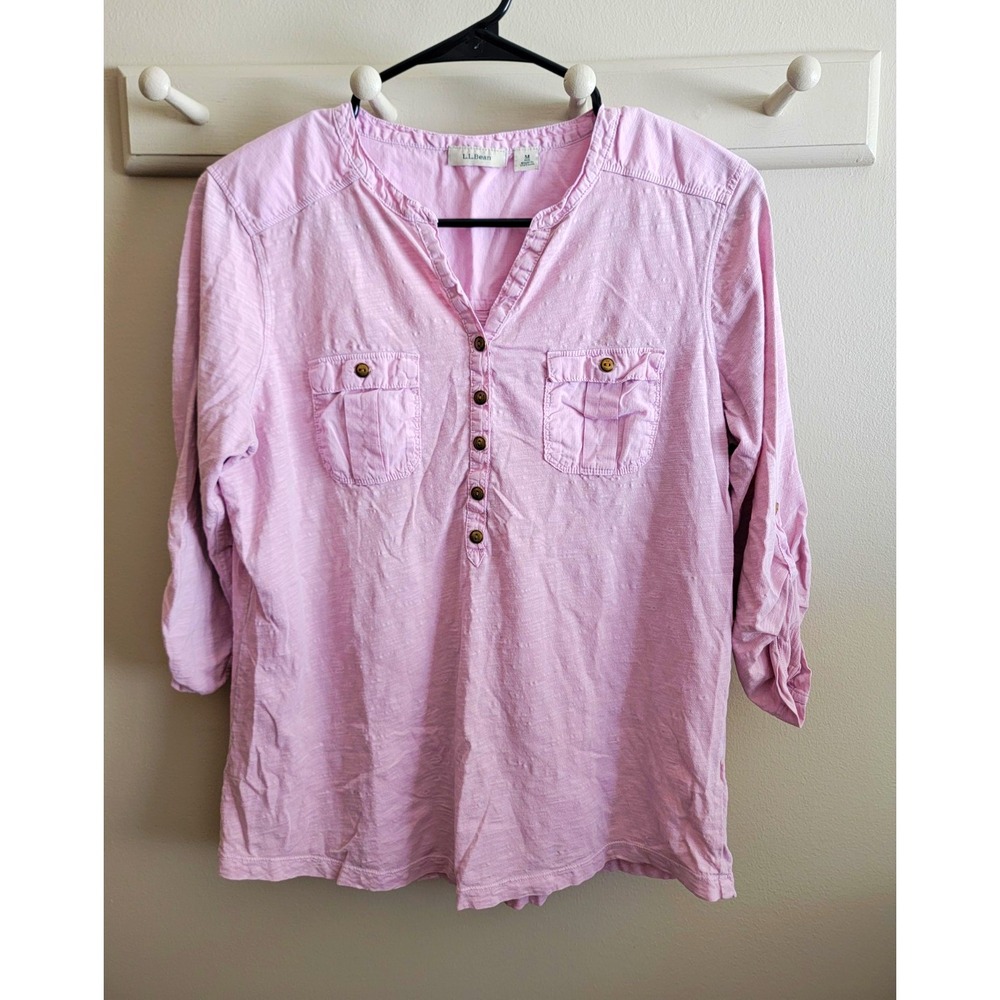 L.L.Bean Women's M Pink Cotton V-Neck Roll Tab 3/4 Sleeve Top Outdoors Pockets